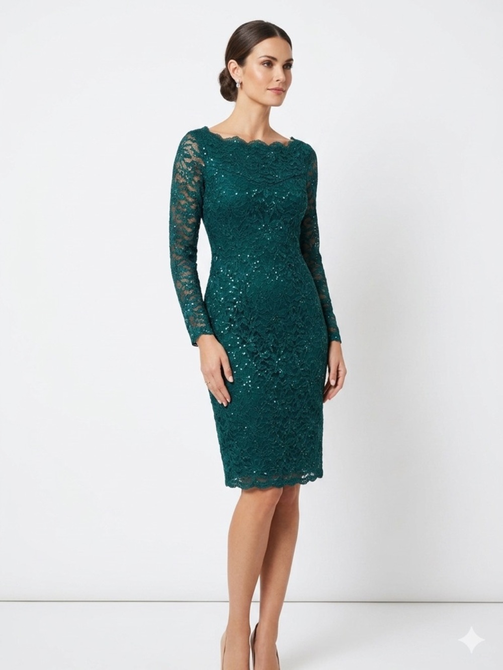 Elegant Teal Lace Long-Sleeve Sheath Dress